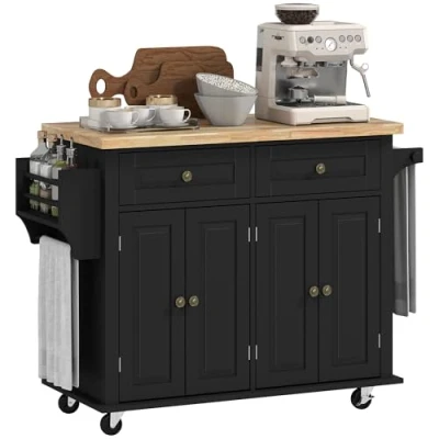 Image de HOMCOM Desserte ilôt de Cuisine Multi rangements 2 tiroirs Placard Portes avec étagère Range Bouteille Porte torchons MDF Noir hévéa