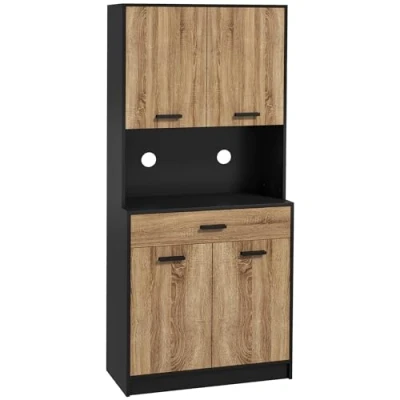 Image de HOMCOM Armoire de Cuisine, Buffet Meuble Rangement, 2 placards, 4 Portes, 1 tiroir, Passe câbles, Design Industriel, 80 x 40 180 cm, Noir et Naturel