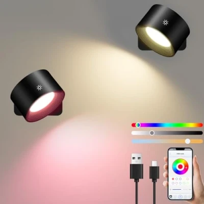 Image de Diealles Shine Smart Applique Murale Intérieure 2 Pack, Rechargeable Lampe Murale, Intensité Variable de Chevet Tactile Rotatif à 360, RGB et Ambiance Modes, APP Contrôle Tactile, Noir