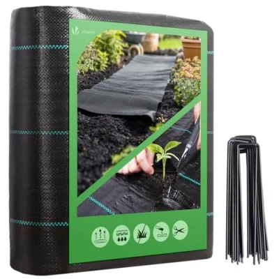 Image de vounot Toile de Paillage avec 30pcs Piquets Contre Les Mauvais Herbes 10Mx2M en Fibres Polypropylène Tissées Anti UV 100g/m2 Résistant Aux Déchirures Fixation Fournis, Vert