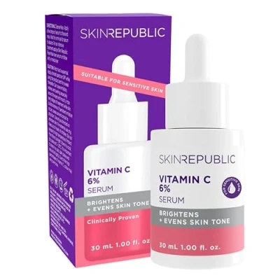 Image de Skin Republic Sérum éclaircissant pour le visage à la vitamine C 6 % et l&#039;alpha arbutine, aide réduire pigmentation les taches brunes hydrate durablement (30 ml)