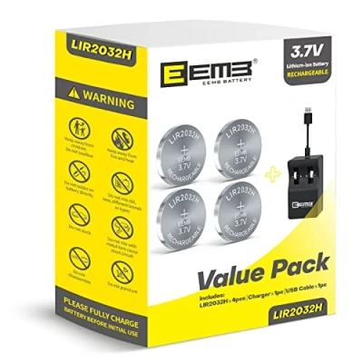 Image de EEMB LIR2032H Chargeur de Batterie Rechargeable avec 4 Piles Bouton Lithium ION 3,7 V 70 mAh pouvant remplacer ML2032 Montre Porte clés à Distance