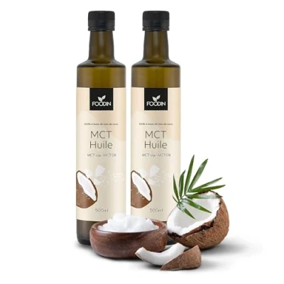 Image de FOODIN MCT Huile 1000 ml (2 x 500 ml) à base d&#039;huile de noix coco 100 % multi chaînes (MCT) fabriquée partir produite, sans gluten et végétalien,