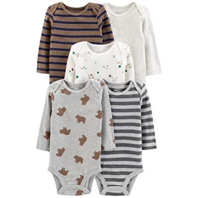 Image de Simple Joys by Carter&#039;s Long Sleeve Bodysuit Pack of 5 Body, Animaux de la Forêt/Ours/Rayures, 24 Mois (Lot 5) Mixte bébé