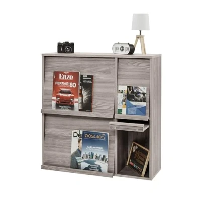 Image de Iris Ohyama, Meuble, Étagère, Bibliothèque de rangement, avec 4 portes rabattables, Design, Polyvalent, Bureau, Chambre, Salon, Salle à manger Flap Rack FR F4 Chêne Gris