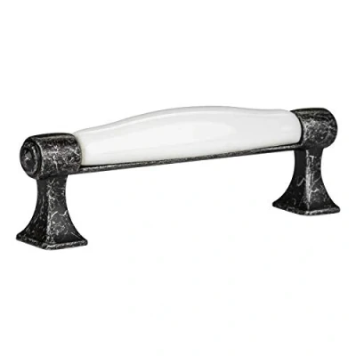 Image de SO TECH® Poignée de Design MARIE Porcelaine Blanch pour Tiroir Finition en Argent Vieilli Entraxe 128 mm