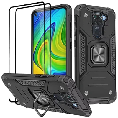 Image de KANSI Coque Compatible pour Xiaomi Redmi Note 9, Verre Trempé [2 Pièces] Housse TPU Silicone Rotation 360 Aimant Anneau Support Double Défense Protection Etui 9 Noir