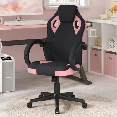 Image de WOLTU Chaise Gaming Respirant en Tissu, Fauteuil Gamer, Bureau, Siège Gaming, Design Ergonomique, Mécanisme d&#039;Inclinaison, Hauteur Réglable, Pivotant à 360, Dossier Haut, Noir+Rose, BS142swr