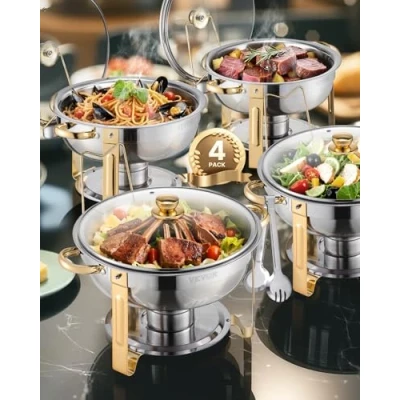Image de VEVOR Chauffe Plat 4PCs 4,6 L, Buffet Chauffant Rond, Réchaud en Acier Inoxydable, avec 4 Bacs Pleine Grandeur et Couvercle Verre, pour Libre Service Hôtel Traiteur Restauration, Doré