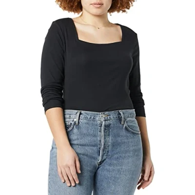 Image de Amazon Essentials T Shirt Ajusté À Manches Mi Longues Et Col Carré Femme, Noir, XS