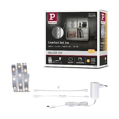 Image de Paulmann 78895 MaxLED Lot de 250 étagères 300 LM et 30 LEDs/m Ruban Lumineux à intensité Variable 1 x 4 W en Plastique argenté 2700 K
