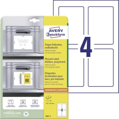 Image de AVERY Zweckform Art. 8001 5 Lot de 20 porte étiquettes 120 x 80 mm à coller avec toutes les sans résidus pour étagères, boîtes, conteneurs dans l&#039;entrepôt et la logistique feuilles Blanc