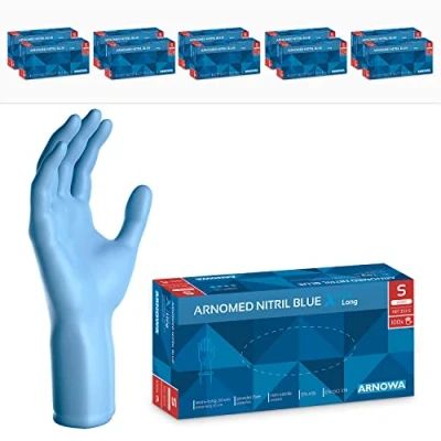 Image de ARNOMED gants jetables Bleu Extra Longs, de 30cm long S, en nitrile Épais, 1000 pcs (10 boîtes avec 100 pcs), caoutchouc longs M, L &amp; XL
