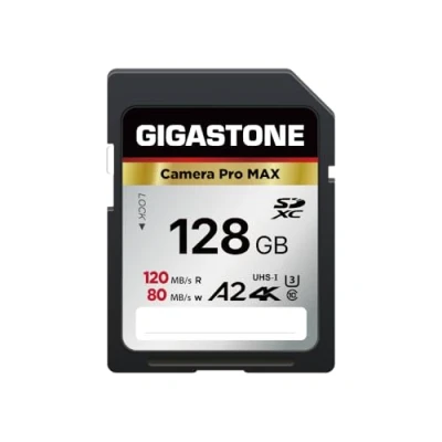 Image de Gigastone A2 V60 Carte Mémoire SDXC 128 Go, 4K Caméra Pro Série, Vitesse 120 Mo/s. Compatible avec Canon Nikon Sony Panasonic, U3 UHS I Classe 10 pour UHD Vidéo, 1 Mini étui