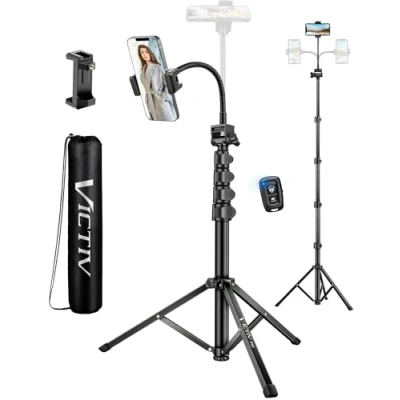 Image de Victiv 197cm Haute Trépied Smartphone, Téléphone Flexible avec 25cm Col de Cygne Réglable, Selfie Trepied Télécommande pour iPhone16 15 14 Pro, Caméra en Aluminium Canon DSLR