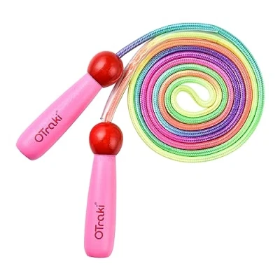 Image de OTraki Corde a Sauter Enfant Fille Cadeau, à avec Poignée Antidérapant en Bois, de Coton Colorée, Jump Rope Réglable pour Débutante École Exercer Activités Extérieures, Rose