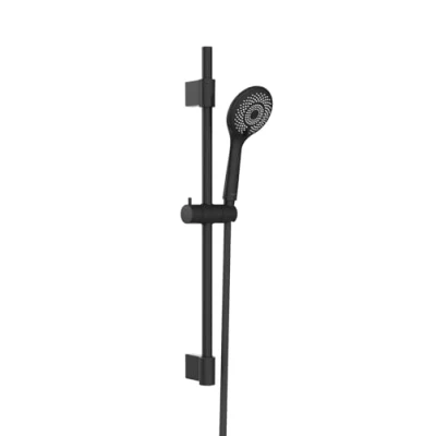 Image de WENKO Ensemble de douche Watersaving, barre en inox qualité, pomme à économie d&#039;eau 3 jets et flexible, adapté aux chauffe eau instantanés, raccord universel ½&quot;, 70 cm, noir