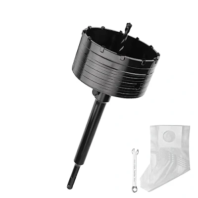 Image de Couronne de forage 130 mm (dents XXL) noire avec rallonge SDS plus 220 et foret centrage à 4 tranchants 8 x 110 mm, guide scie cloche murale pour maçonnerie béton