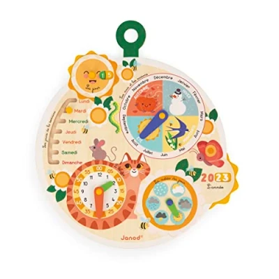 Image de JANOD Cat Roue du Temps Calendrier Enfant Jeu Éducatif Jouet en Bois FSC Dès 3 Ans, J09623, Multicolore, 37,6 x 41,7 2,7