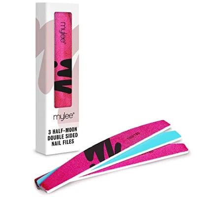 Image de Mylee Lot de 3 limes à ongles double face demi lune grain 100/180 Qualité salon Outil manucure professionnel Utilisation sur naturels ou extensions