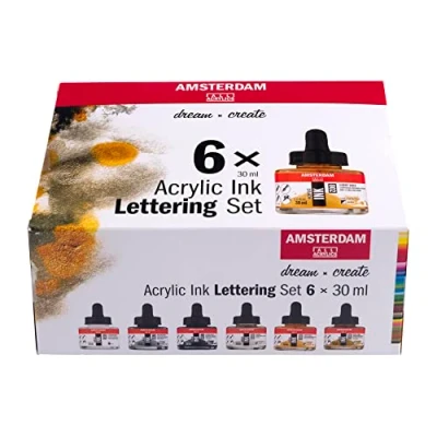 Image de Amsterdam Set d’Encres Acryliques Lettrage (6 x 30 ml) Noir, Blanc &amp; Couleurs Métalliques Peinture Acrylique Fluide