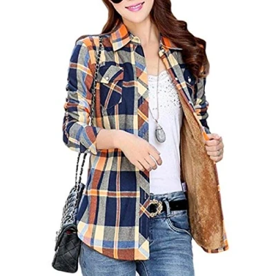 Image de Lazutom Chemise d&#039;hiver chaude à manches longues doublée en polaire pour femme, Jaune/bleu, 38