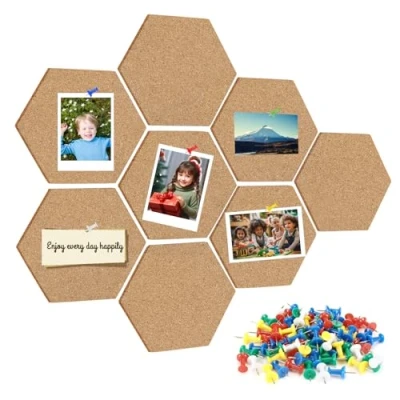 Image de Royouzi 8 PièCes Tableau Liege Mural Autocollant Tableaux En LièGe Hexagonal Panneau Avec 64 éPingles Pour Suspendre Des Photos, D&#039;Affichage, DéCorations D&#039;IntéRieur