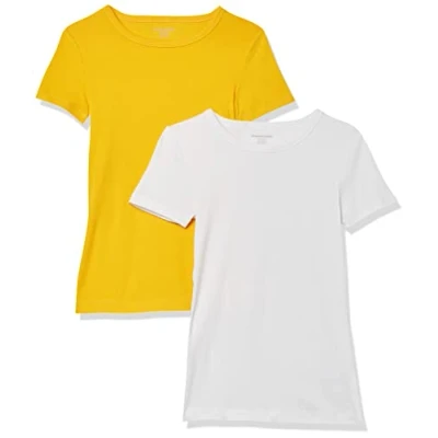 Image de Amazon Essentials T Shirt Col Rond à Manches Courtes Coupe Ajustée Femme, Lot de 2, Blanc/Or, XXL