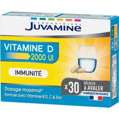 Image de JUVAMINE Vitamine D 2000 UI, Immunité, Vitalité, B12, C, D3 Et Zinc, Programme de 1 Mois, 30 Gélules, Fabriqué en France