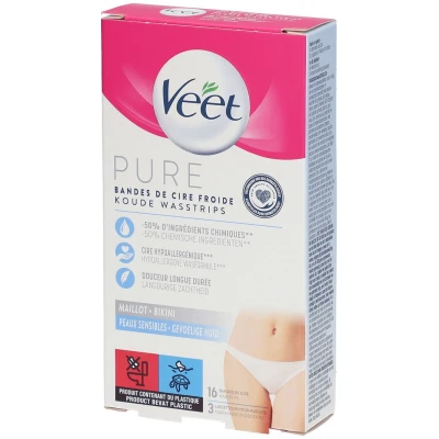 Image de VEET PURE 16 Bandes de cire froide Maillot Peaux Sensibles Recommandés par les Dermatologues Epilation Longue Durée