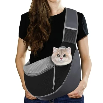 Image de Pawaboo Sac de Transport Bandoulière Réglable pour Animal Compagnie, à Mains Libres avec Boucle en D, Dos Maille Respirant Poche Supplémentaire, S, Gris Foncé + Noir