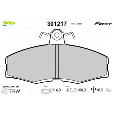 Image de VALEO 301217 Jeu de plaquettes frein FIRST Essieu avant contact signal d&#039;usure exclu sans tôle anti bruit SKODA: FELICIA 1, 2 Kombi