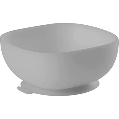 Image de BÉABA, Bol Ventouse pour Enfant, 100% silicone, matière douce et très resistante, Adhère table/tablette chaise haute, Languette permettant de soulever l’assiette, Compatible micro onde, Gris