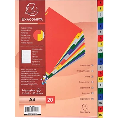 Image de Exacompta Réf. 94E Intercalaires en polypropylène avec 20 onglets imprimés alphabétiques de A à Z couleur Page d&#039;indexation imprimable Format classer A4 Dimensions 22,5 x 29,7 cm