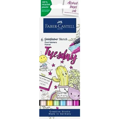 Image de Faber Castell 164811 Goldfaber Sketch Marker Kawaii, étui de 6 marqueurs à alcool avec pointe Brush et Fineliner