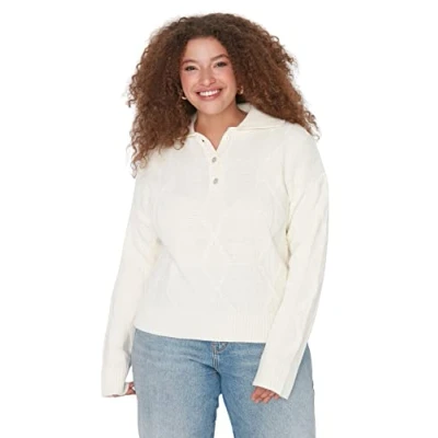 Image de Trendyol Pull à col Polo uni Grande Taille Maillot de survêtement, Ecru, XL Femme