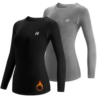 Image de MEETWEE Tee Shirt Thermique Femme, Manche Longue Maillot de Compression Base Layer sous Vêtements pour Sports Ski Running, Noir/Gris, Taille S