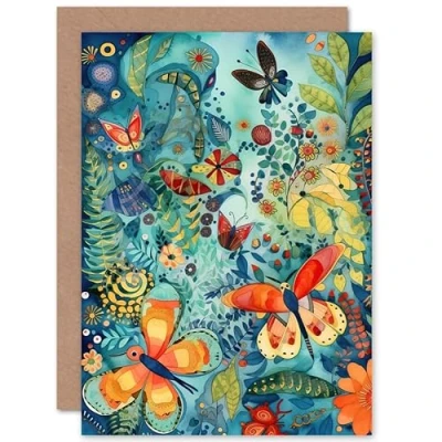 Image de Artery8 Butterfy Insects in Flower Field Modern Folk Art Nature Birthday Sealed Greeting Card Plus Envelope Blank inside