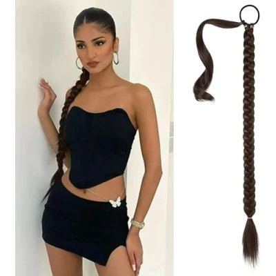 Image de Perruque Tresse Queue de Cheval Rallonge Cheveux Bouclés Brun 80cm,