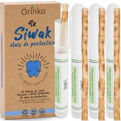 Image de Siwak x4 avec 4 Étuis de Protection Brosse à Dents 100% Naturelle Nettoyant, Désinfectant et Blanchissant Écologique, Biodégradable Végan Ebook Offert