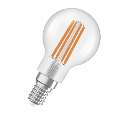 Image de OSRAM Energy Class LED Lampe in klassischer Miniballform, 3.8 W / 806 lm, EEK A, warmweißes Licht (2700 K), CRI 80, aus klarfarbenem bleifreiem Glas, E14 Sockel, IP20, 45 mm Durchmesser.