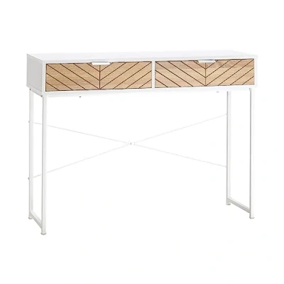 Image de HOMCOM Table Console Industriel 2 tiroirs Aspect Bois de chêne sculpté Motif à Chevrons piètement métal Blanc