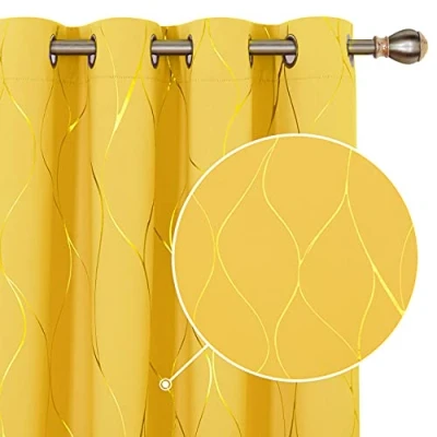 Image de Deconovo Paire de Rideaux occultants à ?illets, Motif Vague dorée, pour Salon, 117 x 228 cm (Largeur Longueur), Jaune Doux