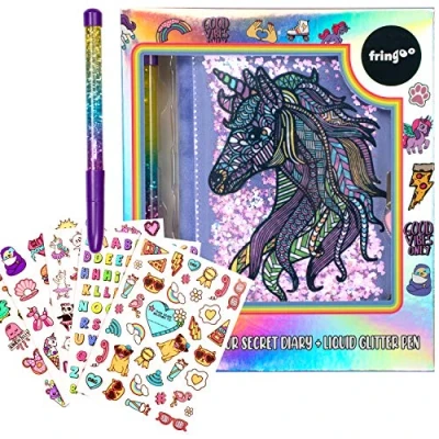 Image de fringoo Mandala de la licorne Livre Mon Journal intime secret Carnet d&#039;écriture A5 avec cadenas en forme coeur, autocollants et stylo à paillettes liquide