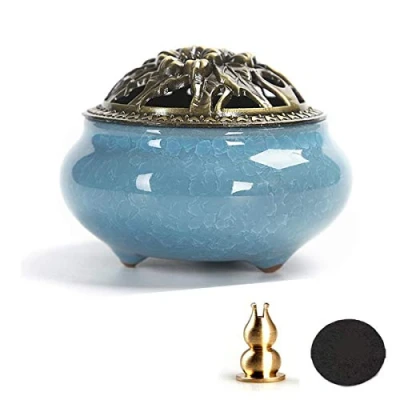 Image de Brûleur D&#039;encens en Céramique,Biluer 1PCS Encensoir à Charbon Porcelaine avec Porte Bâtons Calebasse Laiton et Couvercle pour Salon, Chambre L&#039;aide au Sommeil(Bleu)