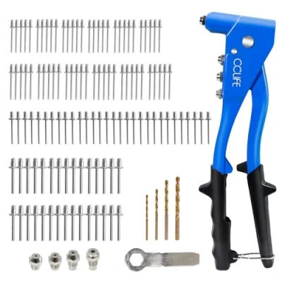 Image de CCLIFE Pince a Rivet Pop avec 120 Rivets en Aluminium, Riveteuse Manuelle 4 Têtes HSS Interchangeables et Écrous Outil pour Rivetage Précis Durable