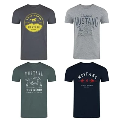 Image de MUSTANG Lot de 4 t shirts pour homme Imprimé sur le devant Col rond Manches courtes 100 % coton Noir Blanc Gris Bleu Vert S M L XL XXL 3XL 4XL 5XL 6XL, Mélange couleurs (P24),