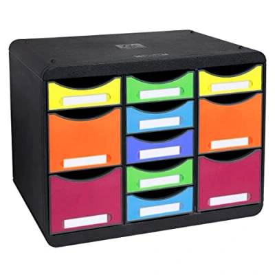 Image de Exacompta Réf. 313798D STORE BOX multi 1 Caisson 7 tiroirs fins et 4 hauts Dimensions extérieures : Profondeur 27 x largeur 35,5 Hauteur 27,1 cm Format paysage Arlequin