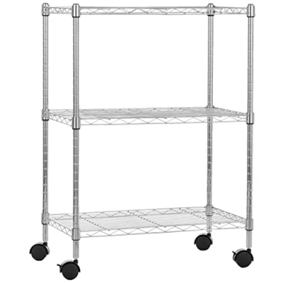 Image de Amazon Basics Étagère à 3 tablettes étroites réglables en hauteur avec pieds de nivellement, charge max. 453 kg, Chromé, 83.18 x 34 58.9 cm (l L H)
