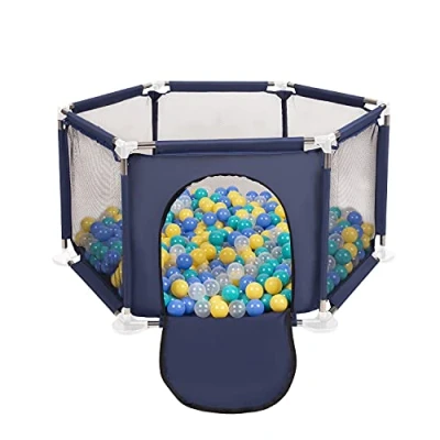 Image de Selonis Parc Bébé Hexagonal Pliable Avec 400 Balles Plastiques, Bleu:Turquoise/Bleu/Jaune/Transparent